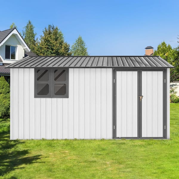 Unbranded 10 ft. x 12 ft. White Outdoor Double Door Metal Storage Shed with Window, Padlock and Hooks,120 sq. ft.