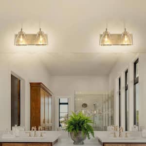 Modern 2-Light Gold Bathroom Vanity Light with Bell Clear Glass Shades Classic Mirror Brass Wall Sconce