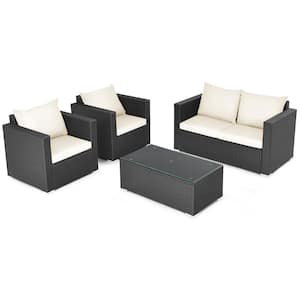4-Piece Rattan Patio Conversation Set Outdoor Furniture Set w/Off White Cushions