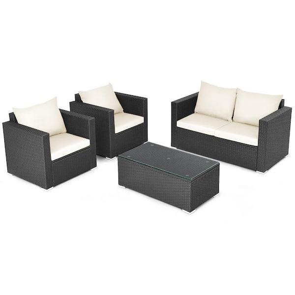 Gymax 4-Piece Rattan Patio Conversation Set Outdoor Furniture Set w/Off White Cushions