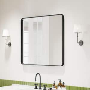 36 in. W x 32 in. H Rectangular Aluminum Framed Modern Black Rounded Wall Mirror