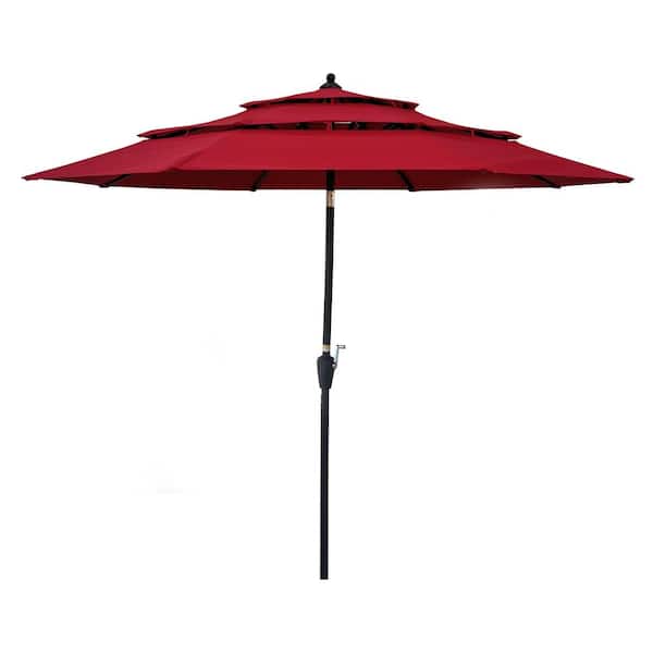 maocao hoom 9 ft. 3 Tiers Market Round Outdoor Patio Umbrella with Push Button Tilt and Crank in Red