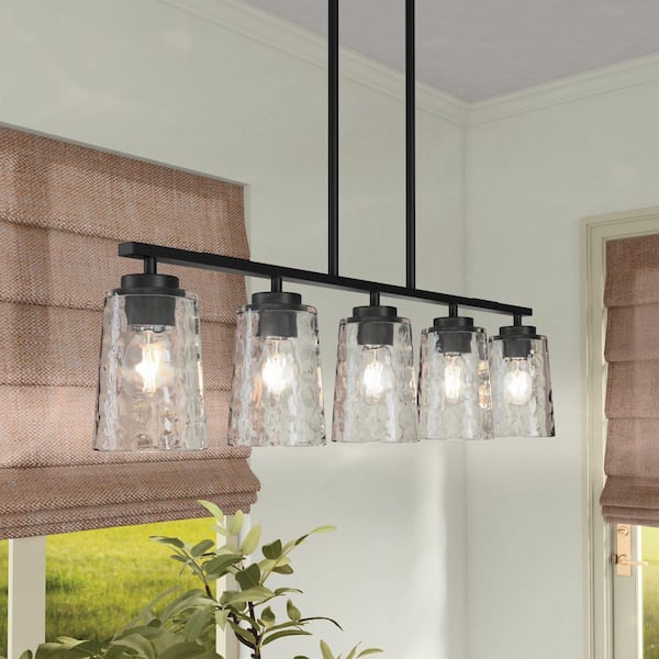 Mauzy Collection 5-Light Matte Black Transitional Linear Chandelier with Clear Water Glass Shade for Dining Room