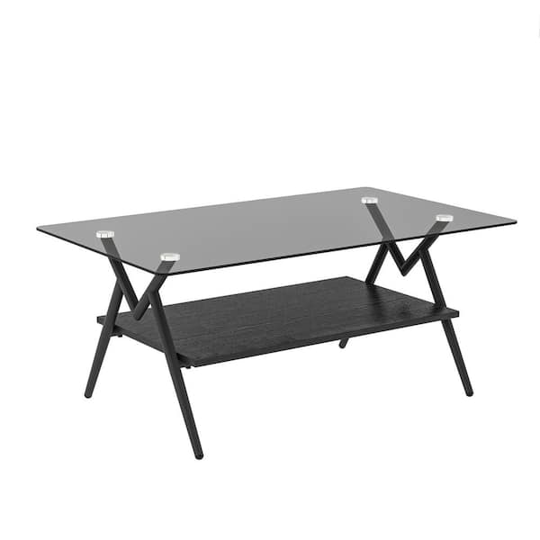 Angel Sar 38.6 in. Gray Rectangle Tempered Glass Coffee Table with Black MDF Shelf and Metal Legs