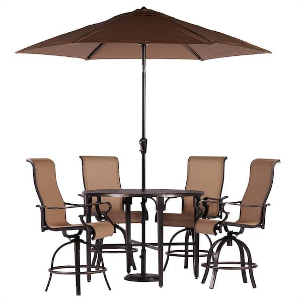 Hanover Brigantine 5-Piece Aluminum Outdoor Dining Set with 4 Sling Swivel Chairs, Round Cast-Top Table, Umbrella, and Base
