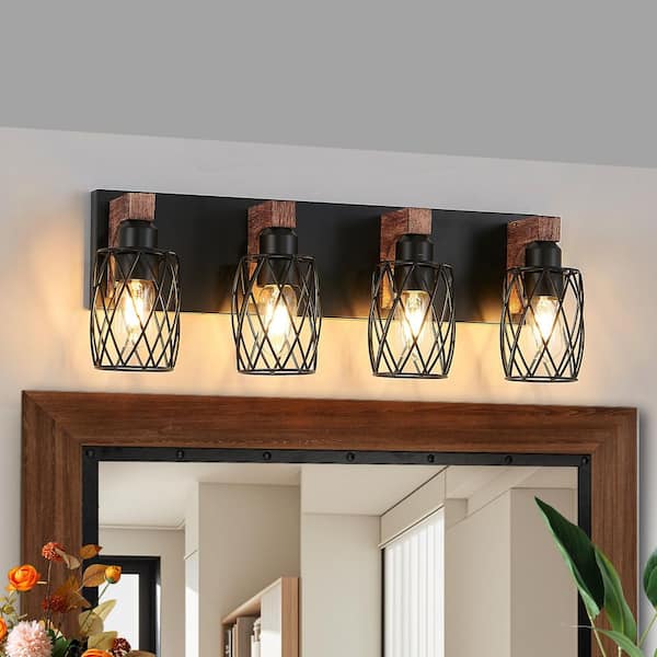 24 in. W 4 Light Bathroom Vanity Light with Metal Cage Over Mirror, Walnut Wall Sconce, E26, No Bulbs Included