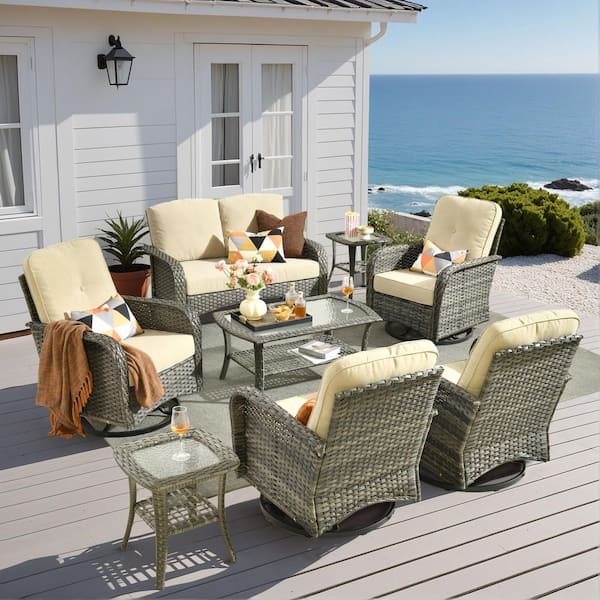 Noah Gray 8-Piece Wicker Swivel Outdoor Patio Lounge Conversation Sofa Set with Coffee Table and Beige Cushions