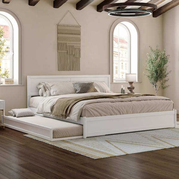 Lylah White Solid Wood Frame King Platform Bed with Panel Footboard and Twin XL Trundle