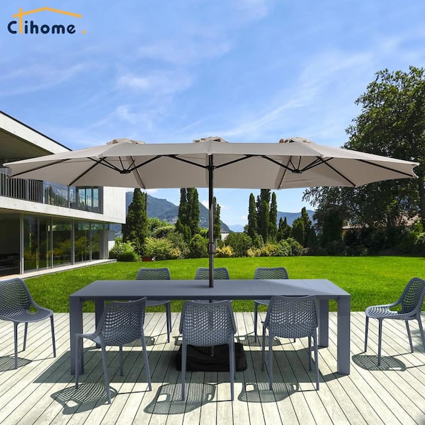 15 ft. Outdoor Market Umbrella in Beige, Double Air Vent, Iron Base, 133 sq. ft. Shade, Durable
