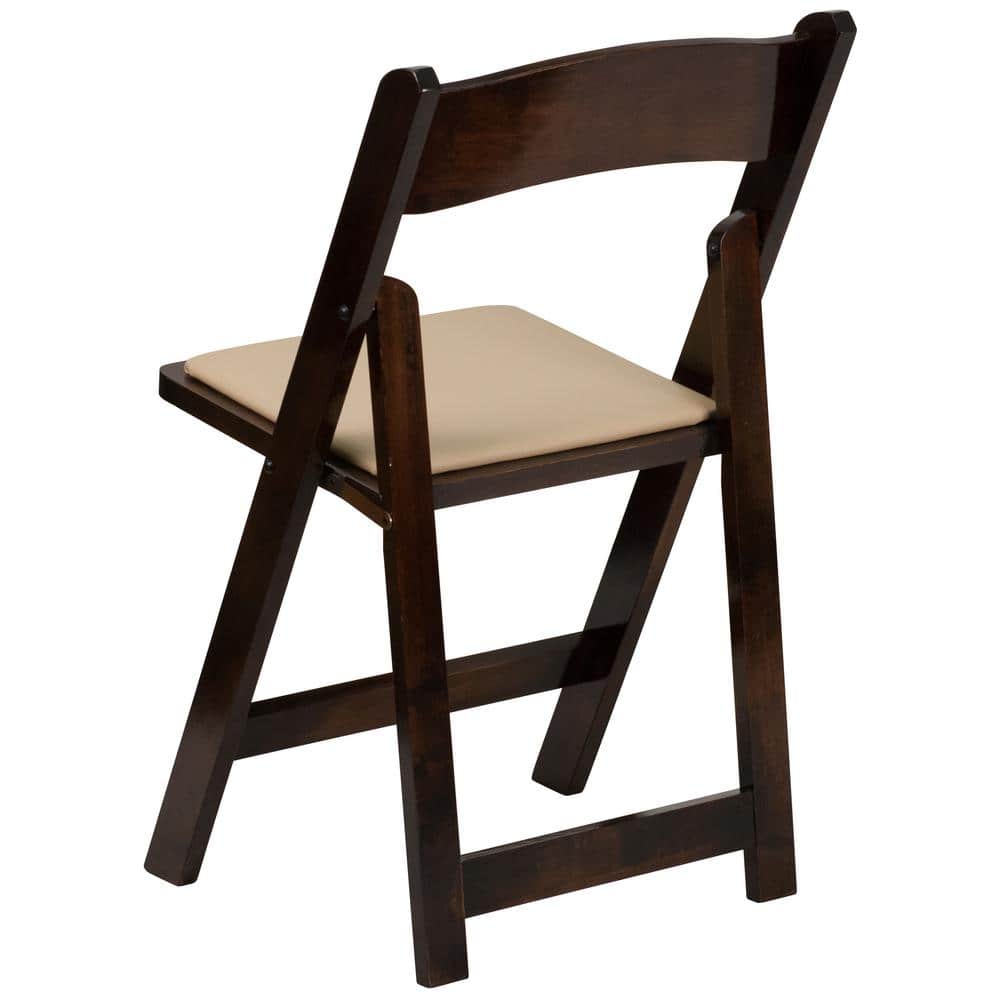 Fruitwood Folding Chair with Beige Vinyl Padded Seat
