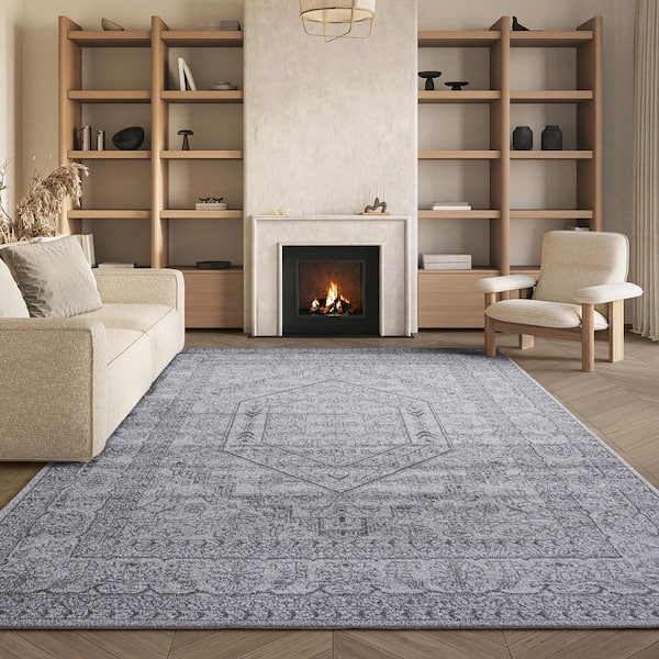 Adirondack 4 ft. x 4 ft. Square Light Gray/Dark Gray Border Medallion Area Rug