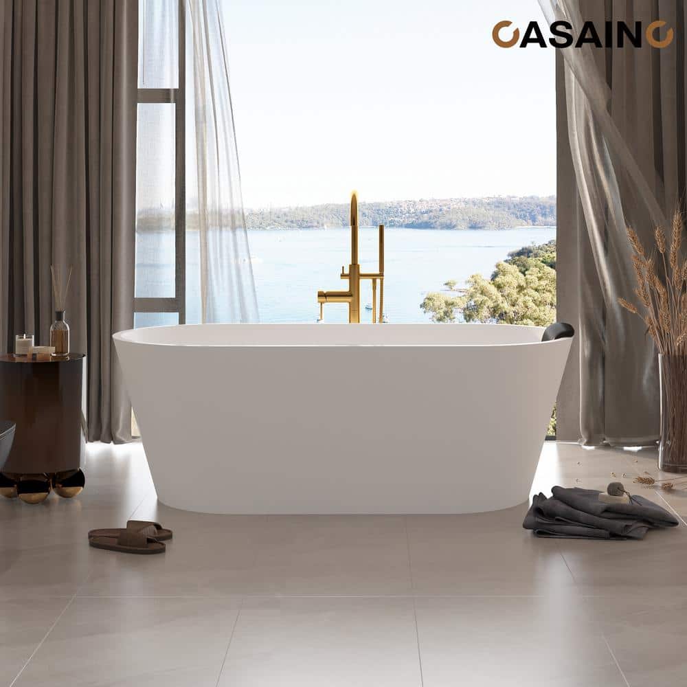 67" White Solid Surface Freestanding Soaking Tub with Black Pillow