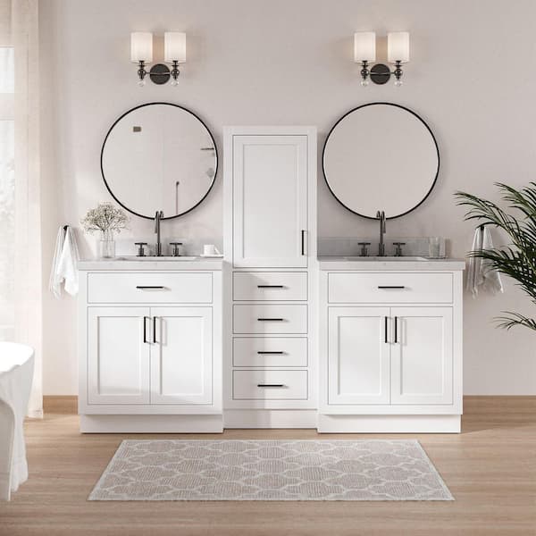 Hepburn 3-Piece Set 2 x 30 in Single Sink Bathroom Vanity with Carrara White Quartz Top and 20 in Linen Cabinet in White