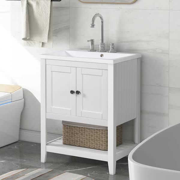 24 in. W x 17-4/5 in D. x 33-3/5 in. H Bath Vanity in White with White Ceramic Top