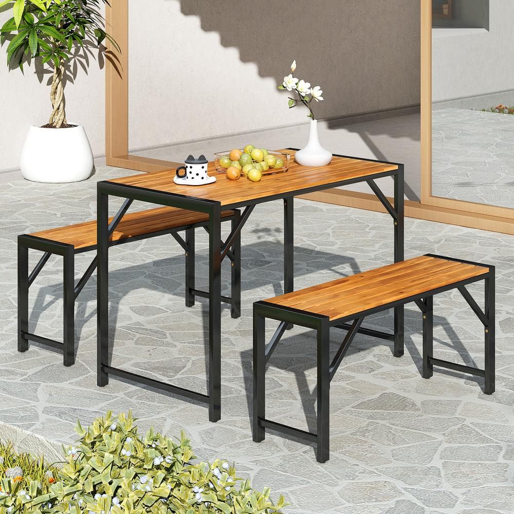 3-Pieces Acacia Wood Metal Rectangular Outdoor Dining Set Picnic Table Bench (Set for 4) People price history on PriceWatchPro