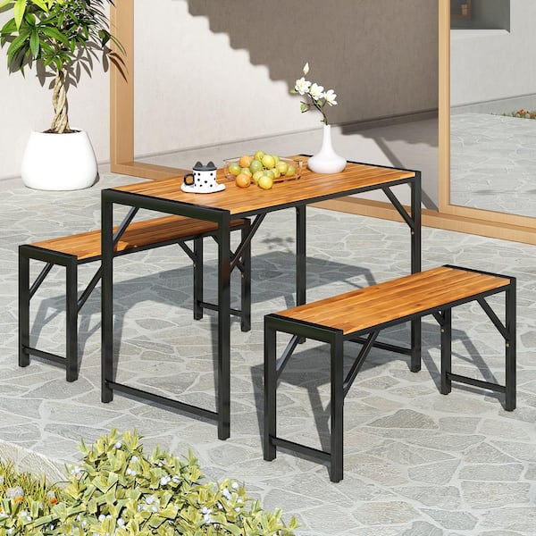 ANGELES HOME 3-Pieces Acacia Wood Metal Rectangular Outdoor Dining Set Picnic Table Bench (Set for 4) People