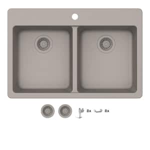 Stonehaven 33 in. Drop-In 50/50 Double Bowl Taupe Ice Granite Composite Kitchen Sink with Taupe Strainer
