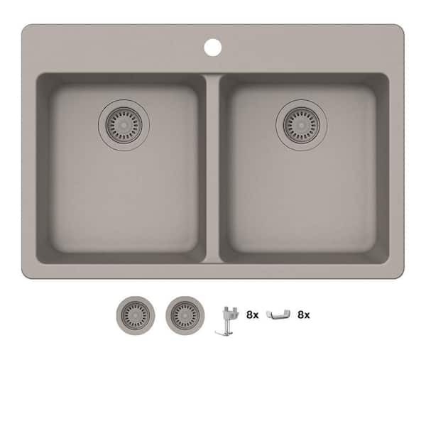 Glacier Bay Stonehaven 33 in. Drop-In 50/50 Double Bowl Taupe Ice Granite Composite Kitchen Sink with Taupe Strainer