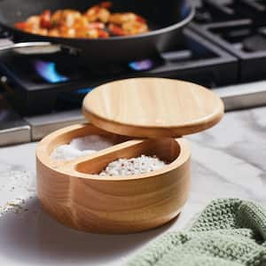 Pantryware Parawood Round Wooden Salt and Spice Box with 2 Compartments 17 oz.