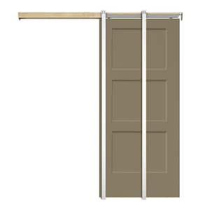 30 in x 80 in Olive Green Painted Composite MDF 3PANEL Equal Style Sliding Door with Pocket Door Frame and Hardware Kit