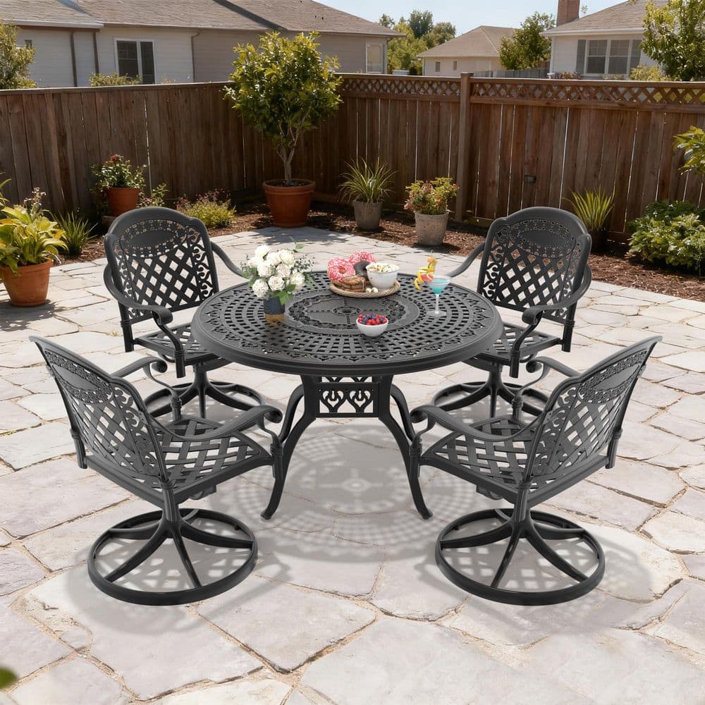 Black 5-Piece Cast Aluminum Patio Outdoor Dining Set with 4 Swivel Rockers with Red Cushions and 47.24 in. Round Table price history on PriceWatchPro