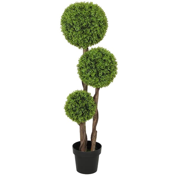 3.5 ft. Artificial Plant for Home Decor, Fake Plants Artificial Tree in Pot, 3 Ball Boxwood Topiary Tree