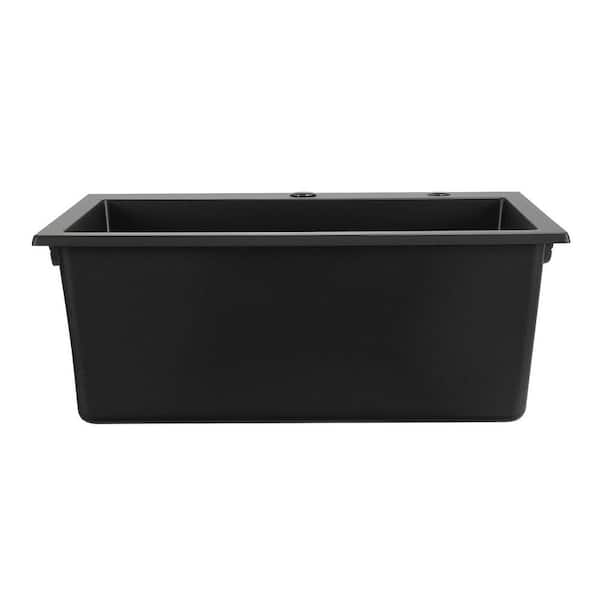 25 in. Drop-In Single Bowl Black Granite Composite Kitchen Sink with Grid, Drain Kit and Silicone Stopper Included