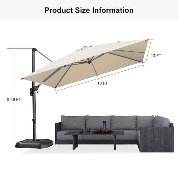 PURPLE LEAF 10 ft. Square Aluminum Outdoor Cantilever Patio Umbrella Offset 360 Rotation Umbrella with Base, in Beige PURPLE LEAF 10 ft. Square Aluminum Outdoor Cantilever Patio Umbrella Offset 360 Rotation Umbrella with Base, in Beige