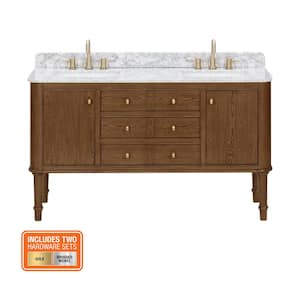 Collette 60 in W x 22 in D x 35 in H Double Sink Bath Vanity in Cinnamon Oak With White Carrara Marble Top