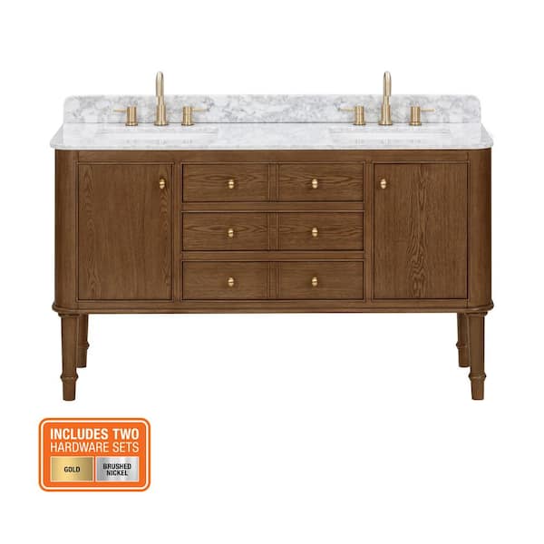 Collette 60 in. Double Sink Cinnamon Oak Bath Vanity with White Carrara Marble Top (Assembled)