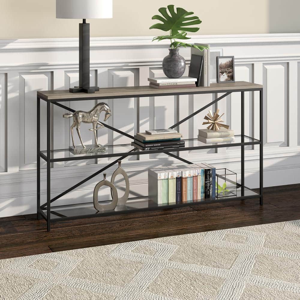 Fionn Blackened Bronze & Antiqued Gray Oak 55" Console Table with Glass Shelves