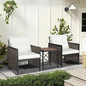 3-Piece Wicker PE Rattan Patio Conversation Set with Acacia Wood Tabletop and White Cushions