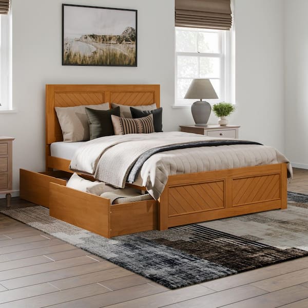 Canyon Light Toffee Natural Bronze Solid Wood Frame Full Platform Bed with Matching Footboard and Storage Drawers