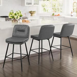 24 in. Modern Metal Frame Gray Faux Leather Upholstered Counter Stools with Footrest Set of 3