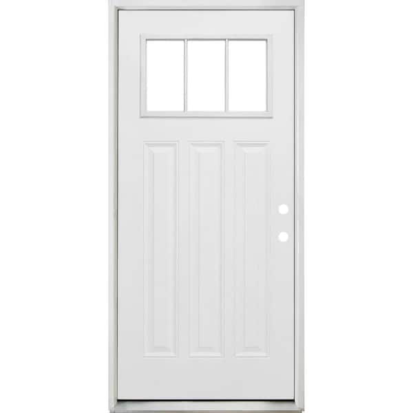 Steves & Sons 36 in. x 80 in. Reliant Series Craftsman Left-Hand Inswing 3-Lite Clear White Primed Fiberglass Prehung Front Door