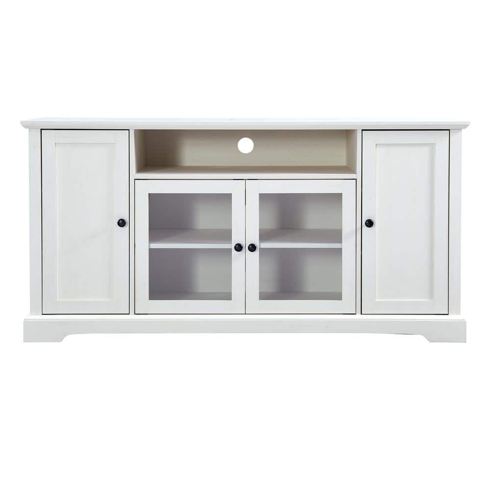 60 in. W x 19 in. D x 30 in. H White Linen Cabinet TV Stand with 2 Tempered
