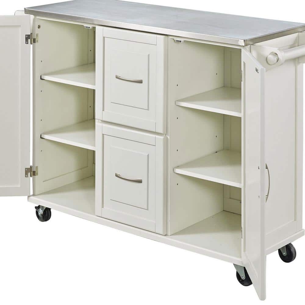 Stainless Steel Top Kitchen Cart with Spice Rack and Storage, Off-White