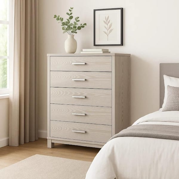 Loji 5 Drawer Tall Dresser Chest, Weathered Gray Solid Wood Storage - Weathered Gray, White