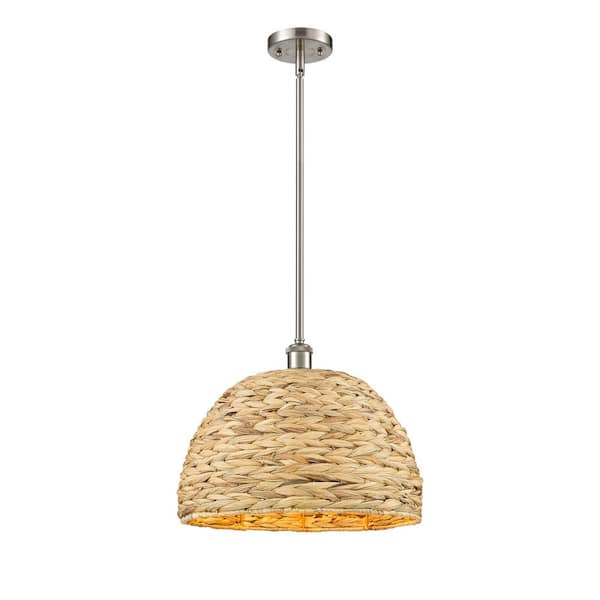 Innovations Woven Rattan 100-Watt 1-Light Satin Nickel Shaded Mini Pendant Light with Rattan Shade
