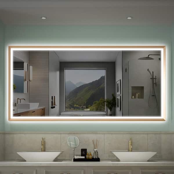 FORCLOVER 84 in. W x 40 in. H Rectangular Brushed Framed Back Light and Front Light LED Wall Mount Bathroom Vanity Mirror in Gold