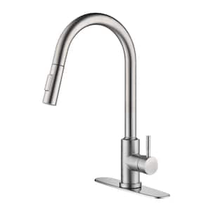 Contemporary Single Handle Touch Pull Down Sprayer Kitchen Faucet with Deck Plate in Brushed Nickel