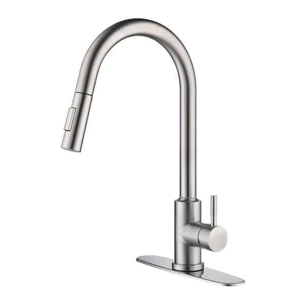 Satico Contemporary Single Handle Touch Pull Down Sprayer Kitchen Faucet with Deck Plate in Brushed Nickel