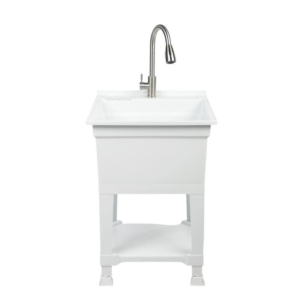 24-Inch White Polypropylene Freestanding Utility Sink with Stainless Steel Faucet