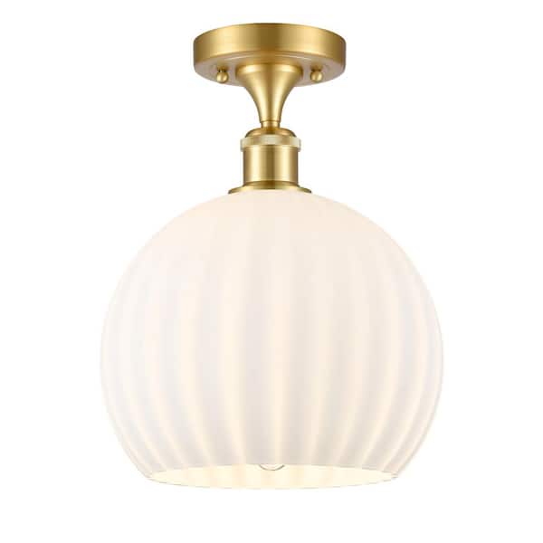 White Venetian 10 in. 1-Light Satin Gold Modern Semi-Flush Mount with Frosted Glass Shade