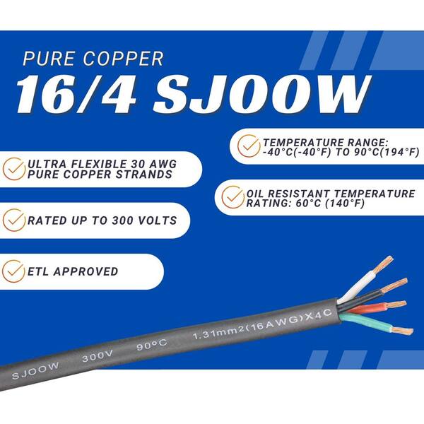 250 Ft 16/4 SOOW Black Rubber Cord – Flexible Copper Wire, 16 Gauge 4 Conductor