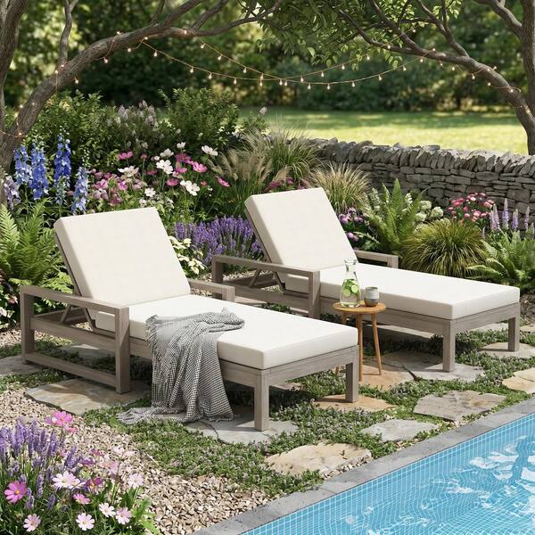 Gray Wood Outdoor 5-Position Lounge Chairs, Patio Chaise Lounge