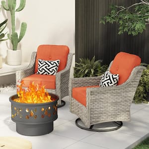 Eureka Gray 3-Piece Wicker Patio Conversation Swivel Chair Set with a Wood-Burning Fire Pit and Red Cushions