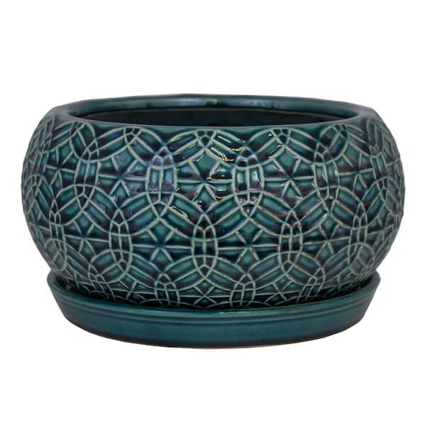 Trendspot 10 in. Dia Blue Rivage Ceramic Bowl Planter Decorative Pots