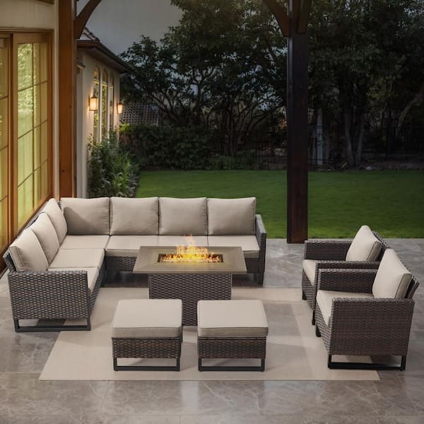U-Weave 8-Piece Brown Wicker Outdoor Rectangular Fire Pit Conversation Set with Beige Cushions and Sectional Sofa
