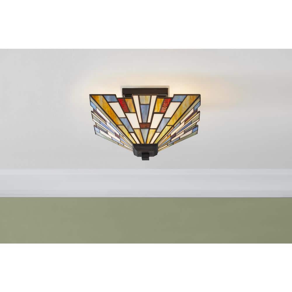 Fallsdale 12 in. 2-Light Matte Black Semi-Flush Mount with Tiffany Glass Shade price history on PriceWatchPro